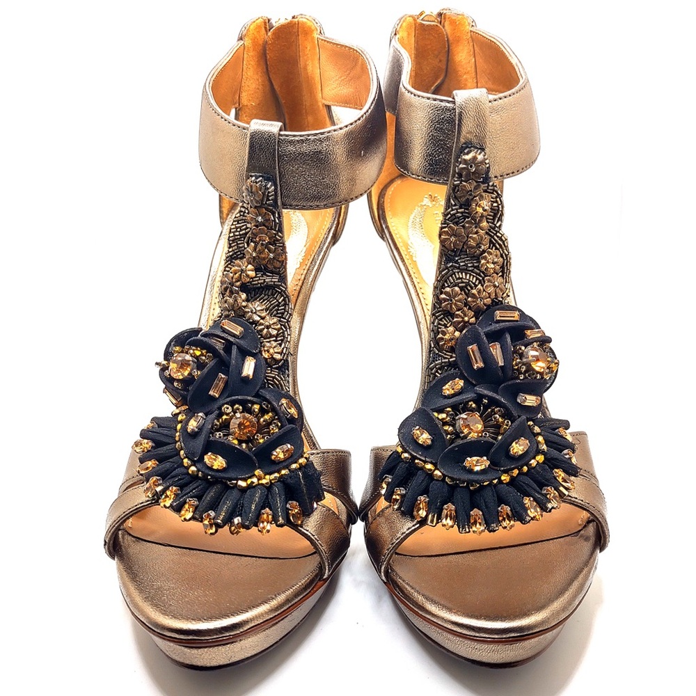 ELIE TAHARI Metallic Gold Leather Stiletto Platform Heels Size 7.5